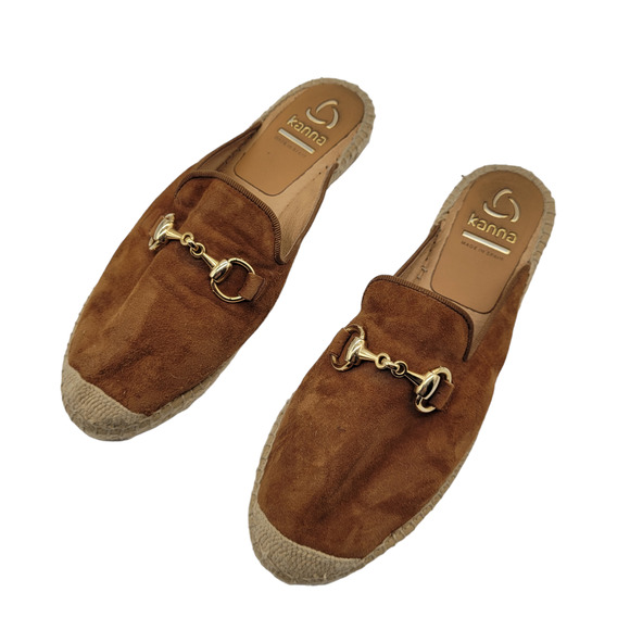 KANNA Shoes - Kanna Brown Suede Mules with Gold Accents